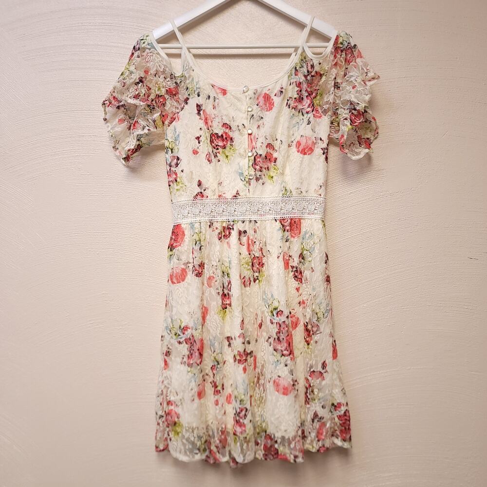 Disney Dress Size S Beauty and the Beast Juniors Floral Lace Cold Shoulder Girl